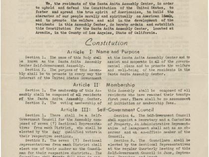 Constitution and by-laws, self-government assembly of the Santa Anita Assembly Center, 1942, Japanese-American Internment Camp Materials