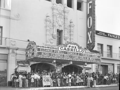 Fox Cabrillo Theatre on 7th Street in San Pedro, circa 1939. Rows of children are standing directly in front of the theatre.
