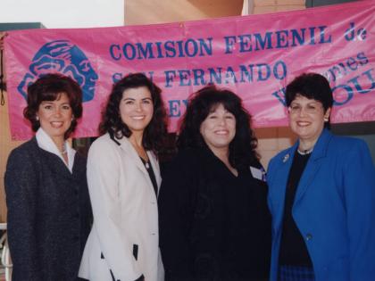 Maria Contreras-Sweet, Laura Casas-Frier, Angelina Orzada, and Maria Reza at the 6th annual Adelante Mujer Latina Conference, 1997, Comisión Femenil San Fernando Valley Collection