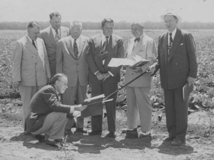 State officials check a proposed site for a public college in the San Fernando Valley, 1955, CSUN University Archives