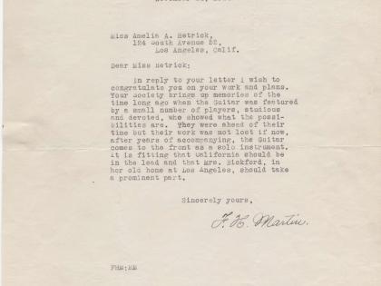 Letter from F.H. Martin to the American Guitar Society congratulating the Society and Vahdah Olcott-Bickford on their work, November 24, 1924