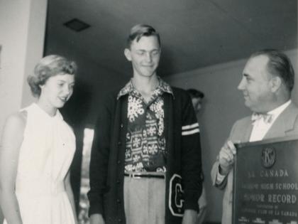 Neal and Molly receiving Kiwanis Club Awards for community service in junior high, 1954.
