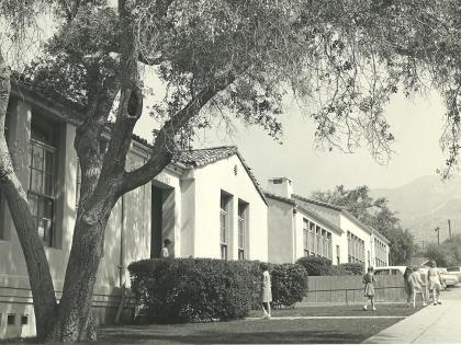 Neal and Molly first met in Kindergarten at La Cañada Elementary School. Front of school, 1944